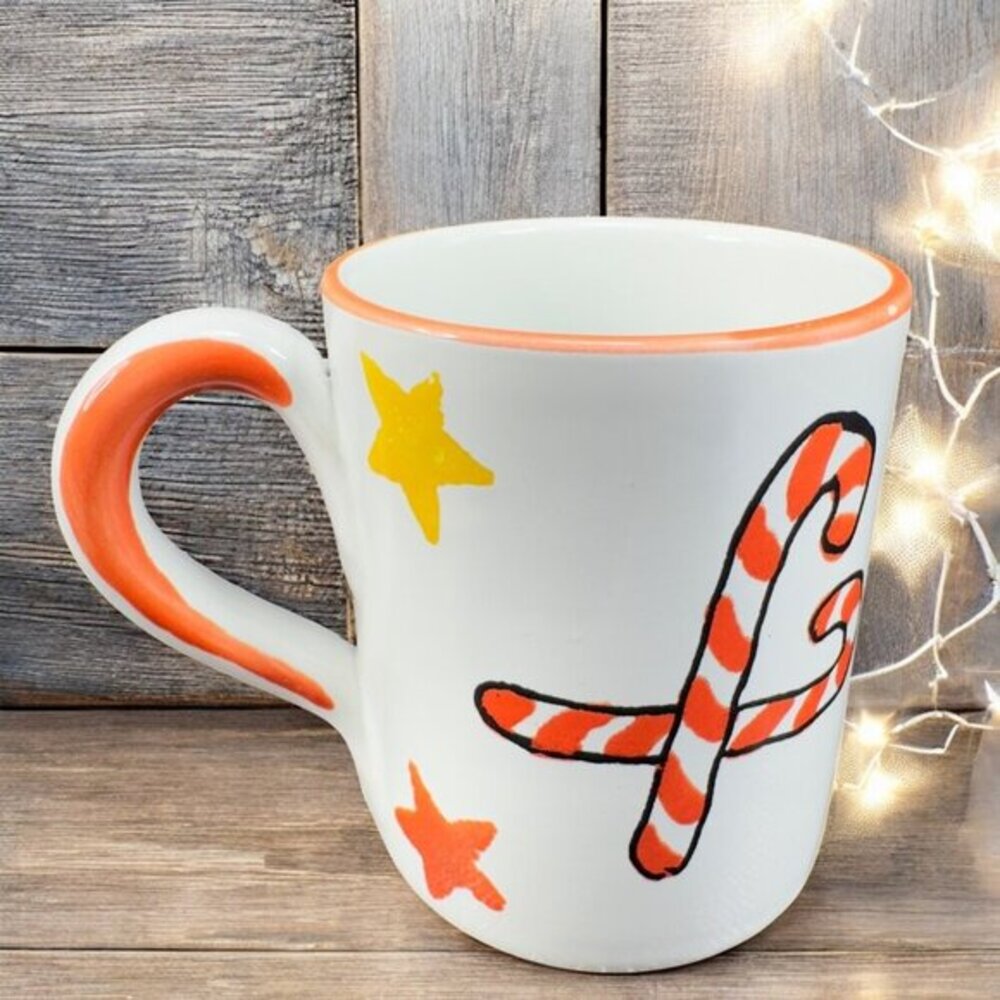 CIAO Italya by Bellini Hand Painted Coffee Mug Cup Yellow Bell Candy Cane Mug